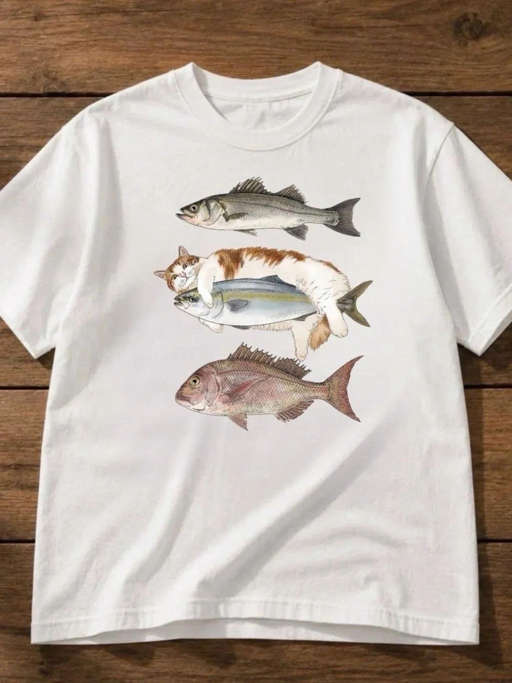 Gildan White Tee with Cat & Fish Graphic
